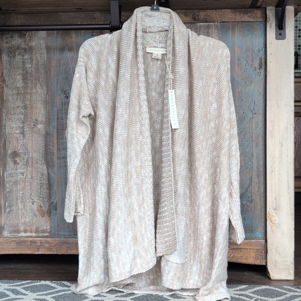 NWT Love Stitch Knitted Draped Lapel Open Cardigan in Tan / White - One Size